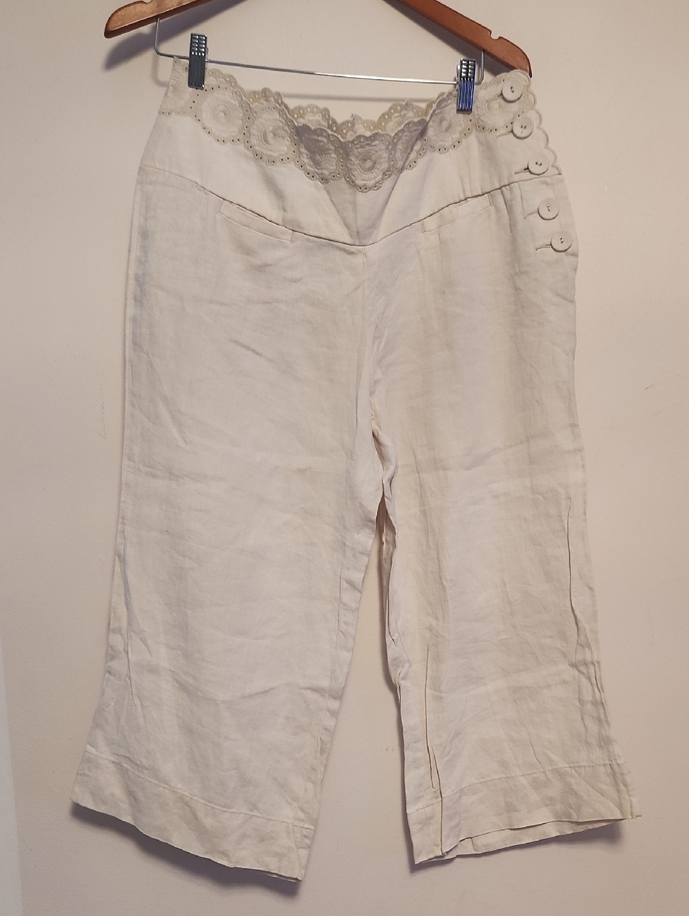 Elevenses Cream Linen Wide-Leg  Capris with Lace Waistband Embroidery Size 12